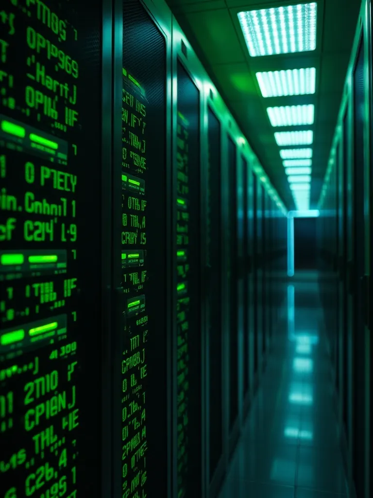 Close-up of a high-tech server room with green status lights