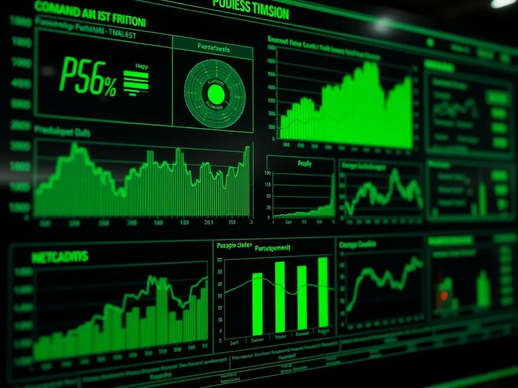 A high-tech digital interface showing financial charts, grap