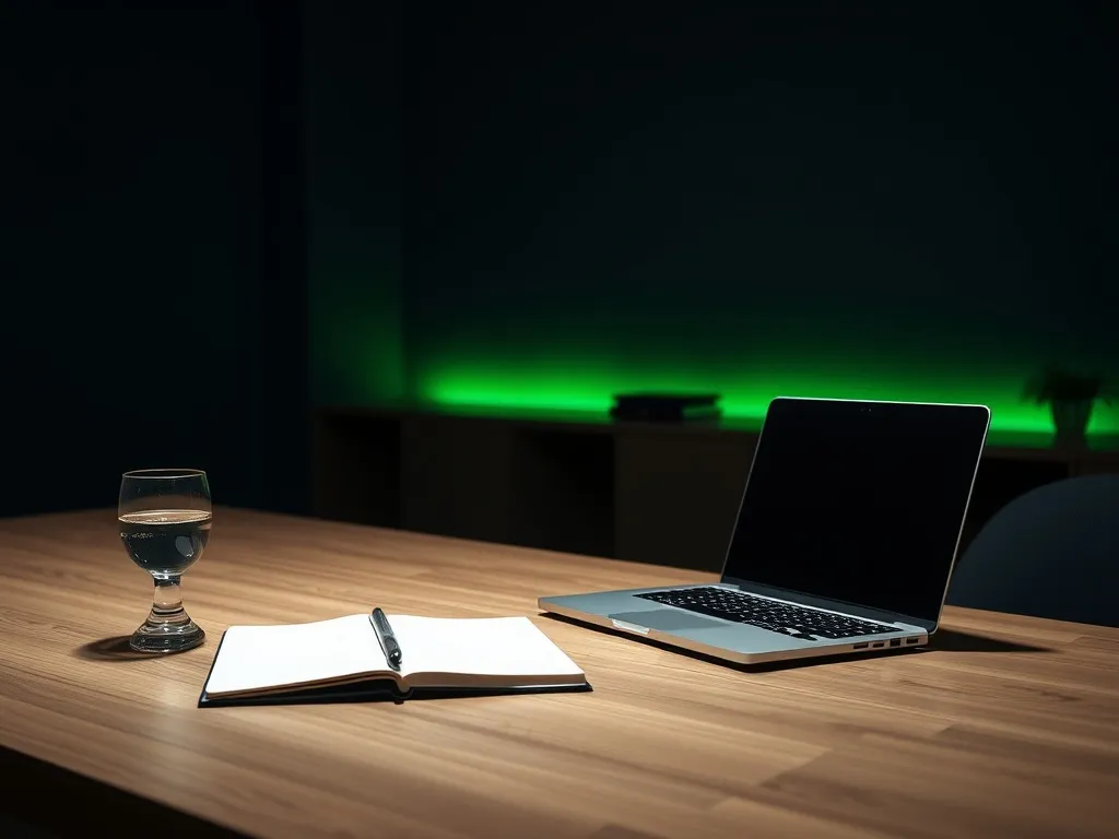 A minimalist modern office desk with a laptop, a notebook, a